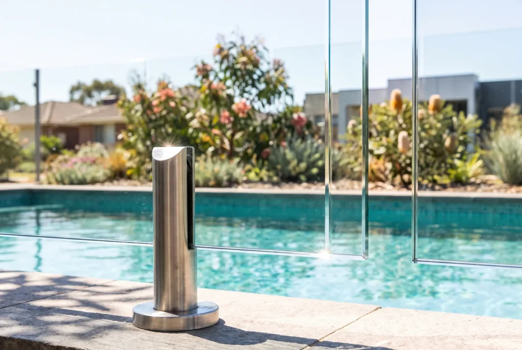Frameless glass pool fence close-up detail with stainless spigot in Northbridge backyard pool area