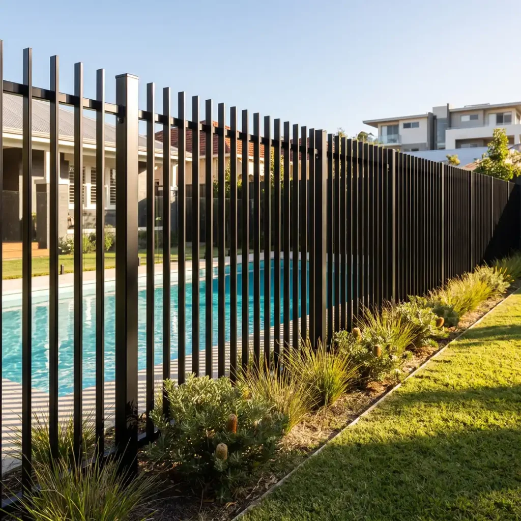 Matte-black aluminium pool fencing bordering a sparkling backyard pool in Northbridge WA