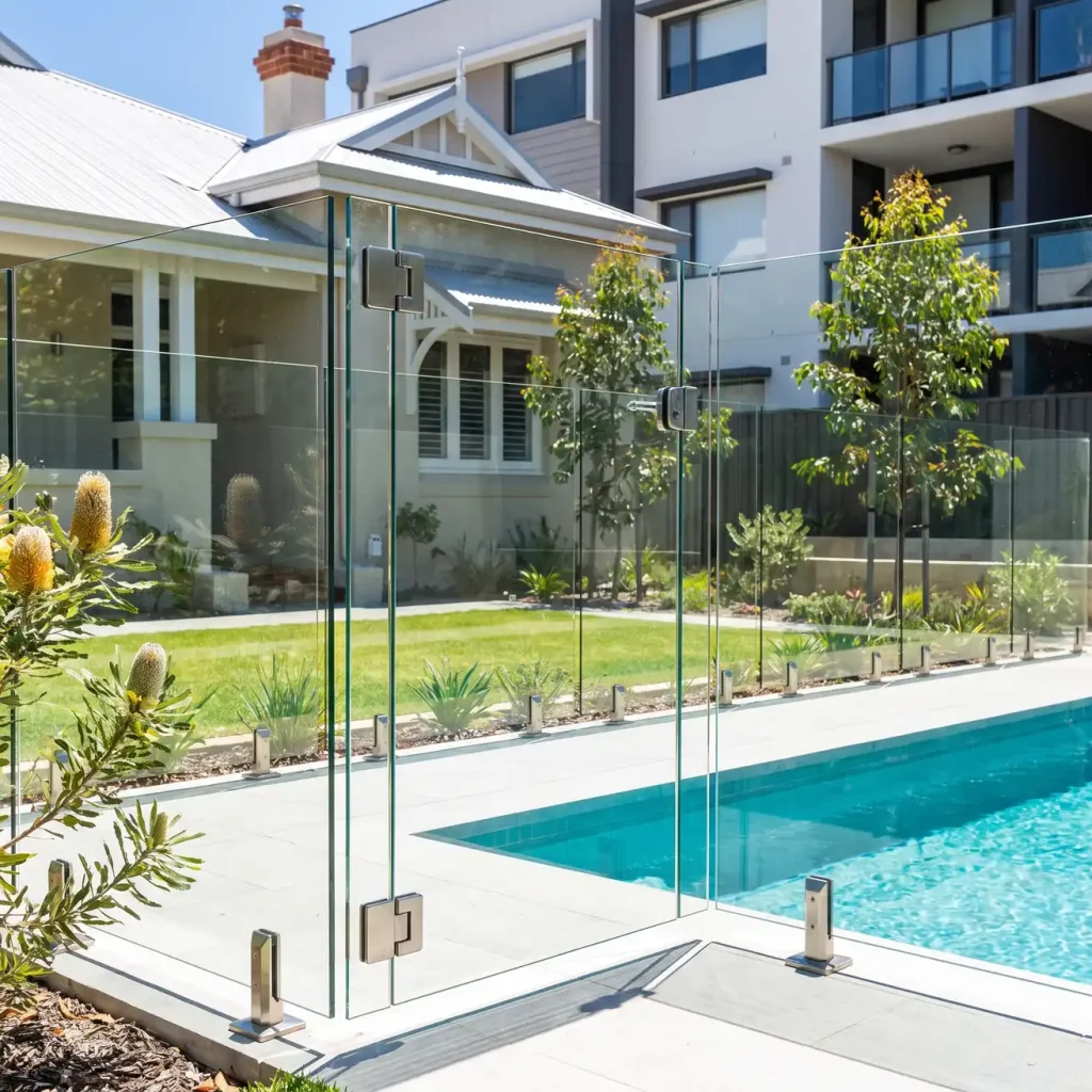 Compliant frameless glass pool fence with self-closing gate around a backyard pool in Northbridge WA