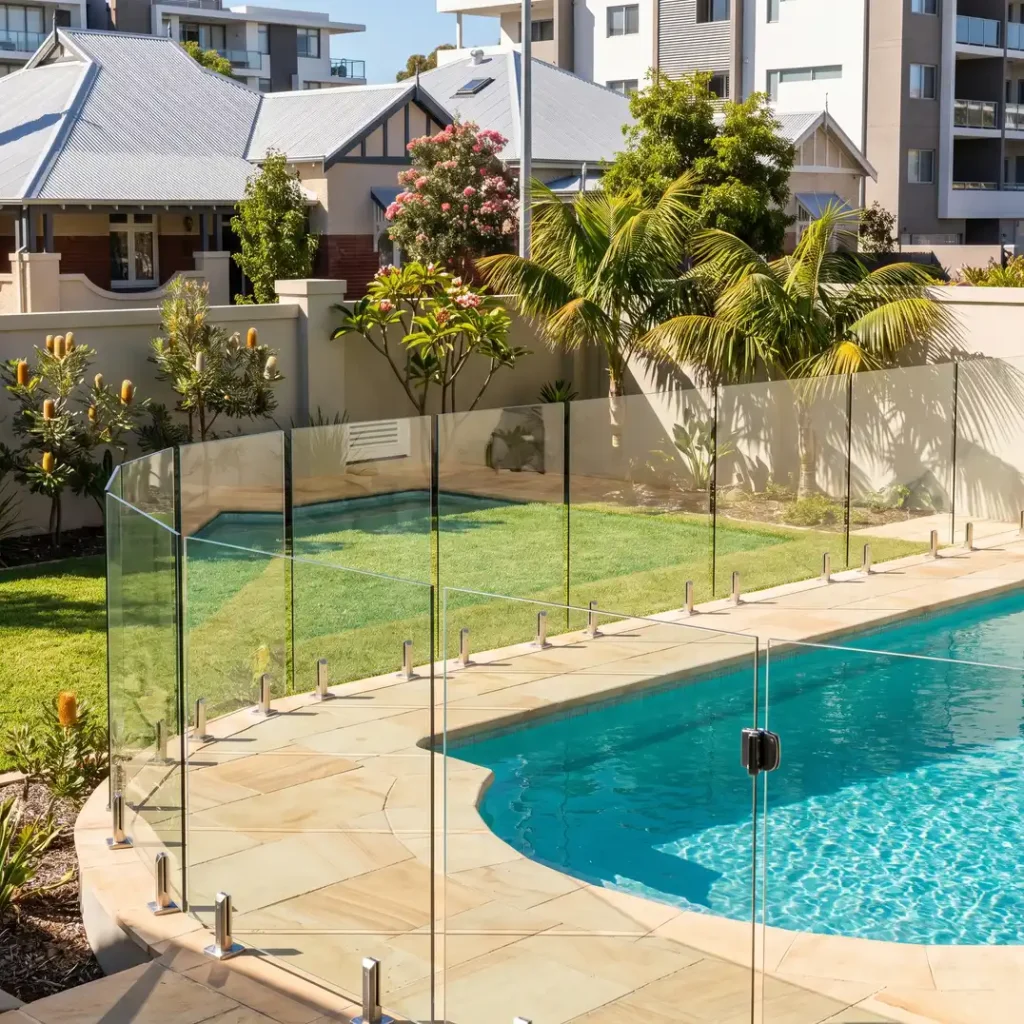 Frameless glass pool fencing around a turquoise backyard pool in Northbridge WA