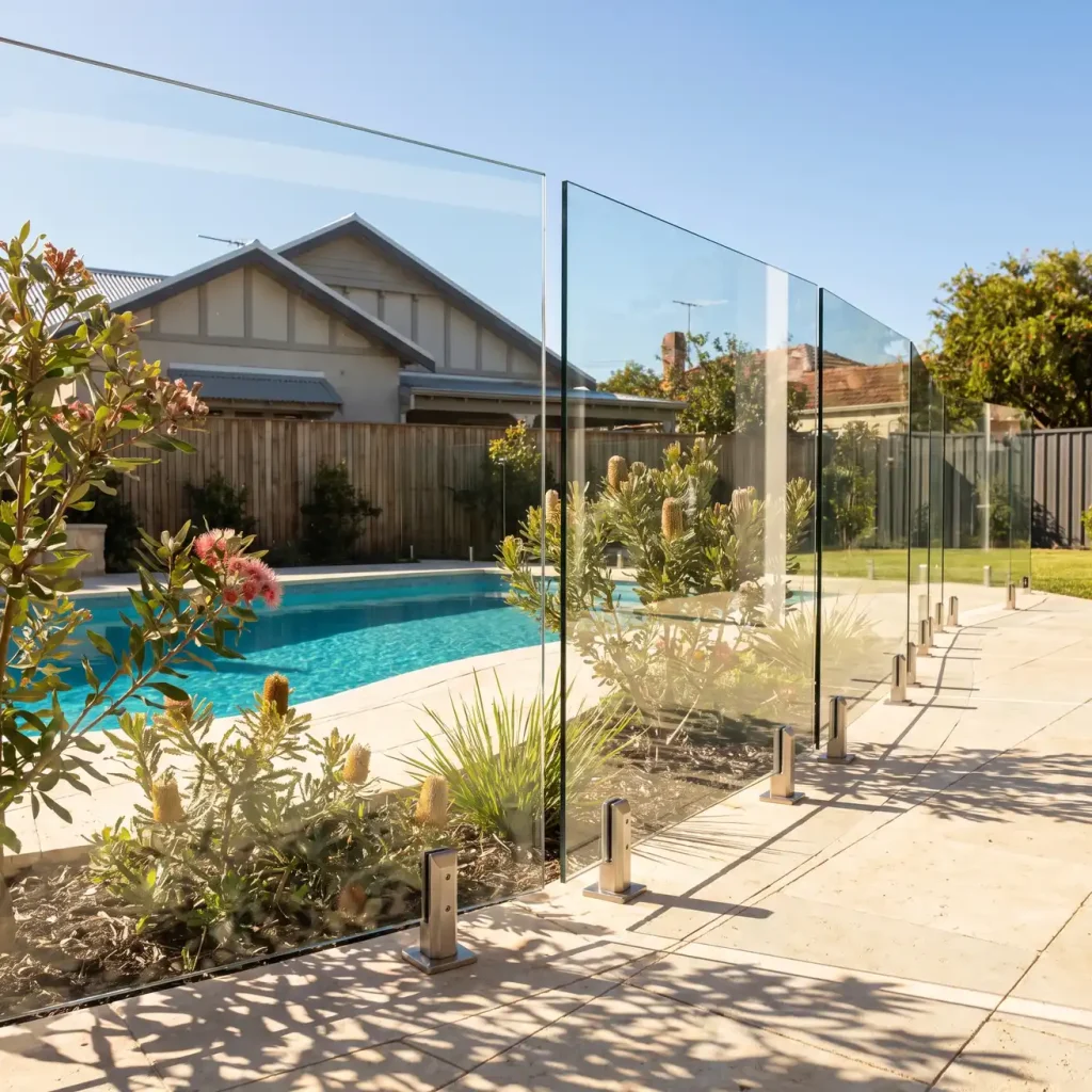Frameless glass pool fence installation around a backyard pool in Northbridge, Perth