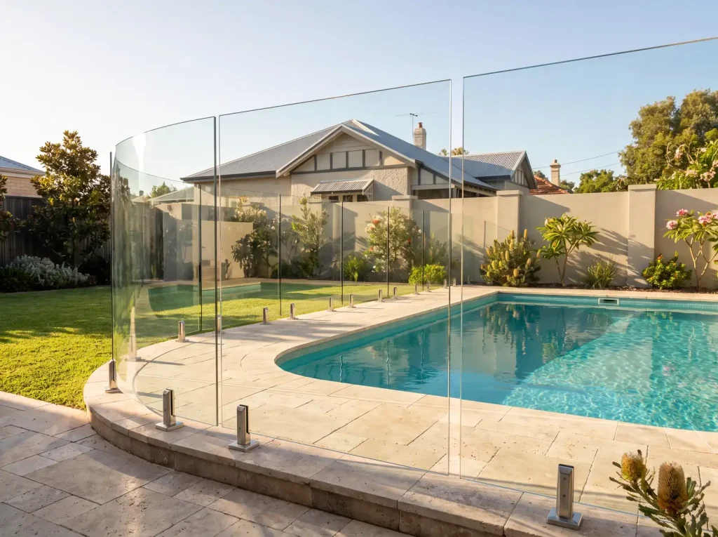 Spotless frameless glass pool fence around a tidy backyard pool in Northbridge, WA
