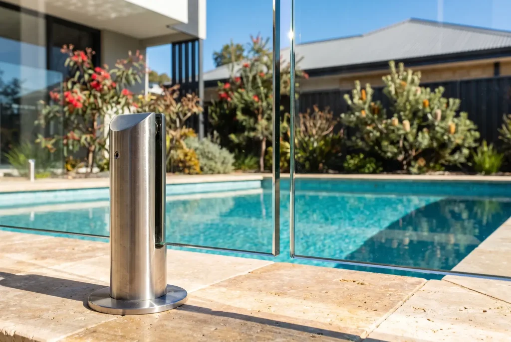 Frameless glass pool fence edge detail on travertine paving beside a pool in Northbridge