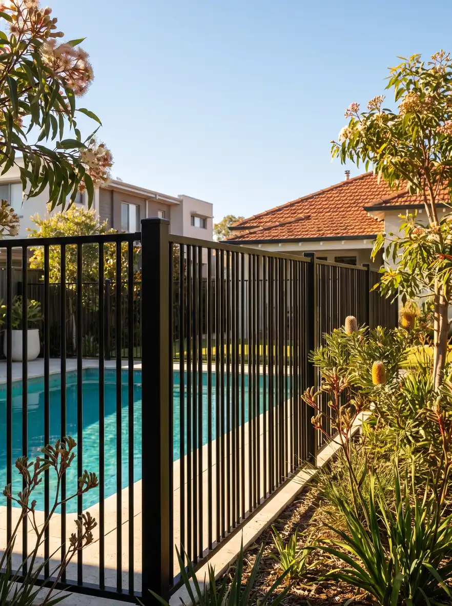 Black aluminium pool fencing beside a turquoise pool in a landscaped Northbridge backyard