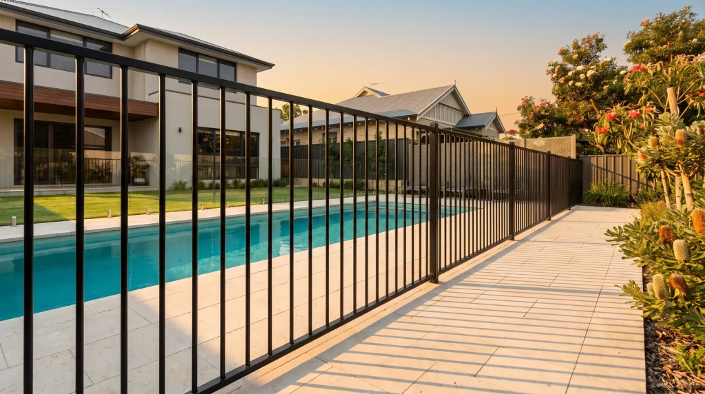 Black aluminium pool fencing beside a turquoise backyard pool in Northbridge, WA