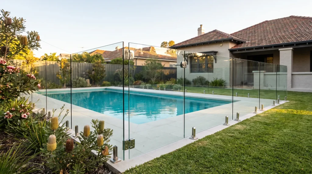 Compliant frameless glass pool fence inspection showing safe gate and panel spacing in Northbridge backyard