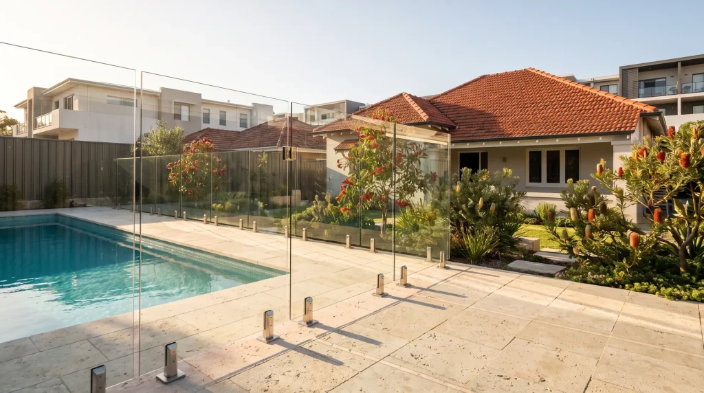 Frameless glass pool fencing around a backyard pool in Northbridge WA