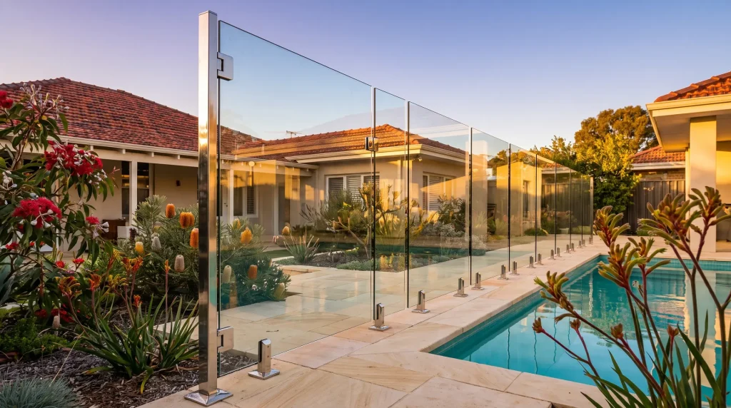 Frameless glass pool fence installation around a backyard pool in Northbridge WA