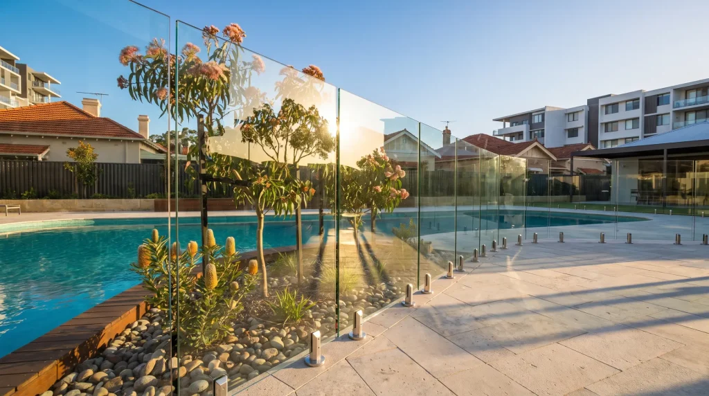 Restored frameless glass pool fence beside a sparkling pool after repairs in Northbridge WA