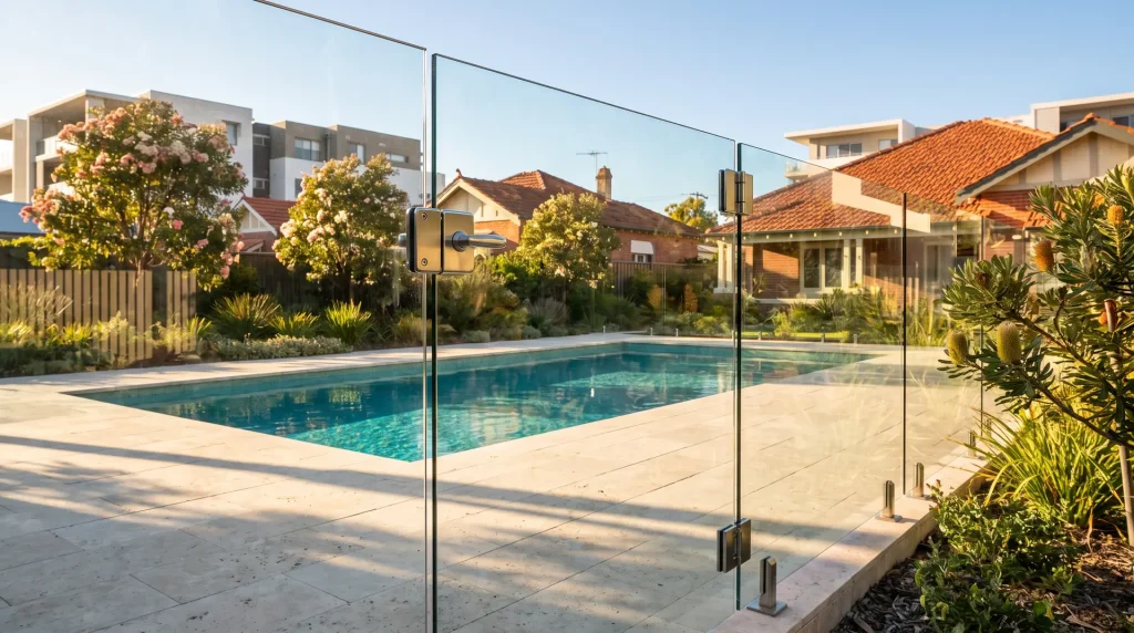 Frameless glass pool gate with stainless latch in a Northbridge backyard pool fence