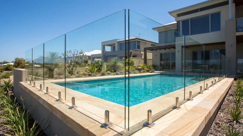 Frameless glass pool fencing around a modern backyard pool by Pool Fencing Perth in Northbridge WA
