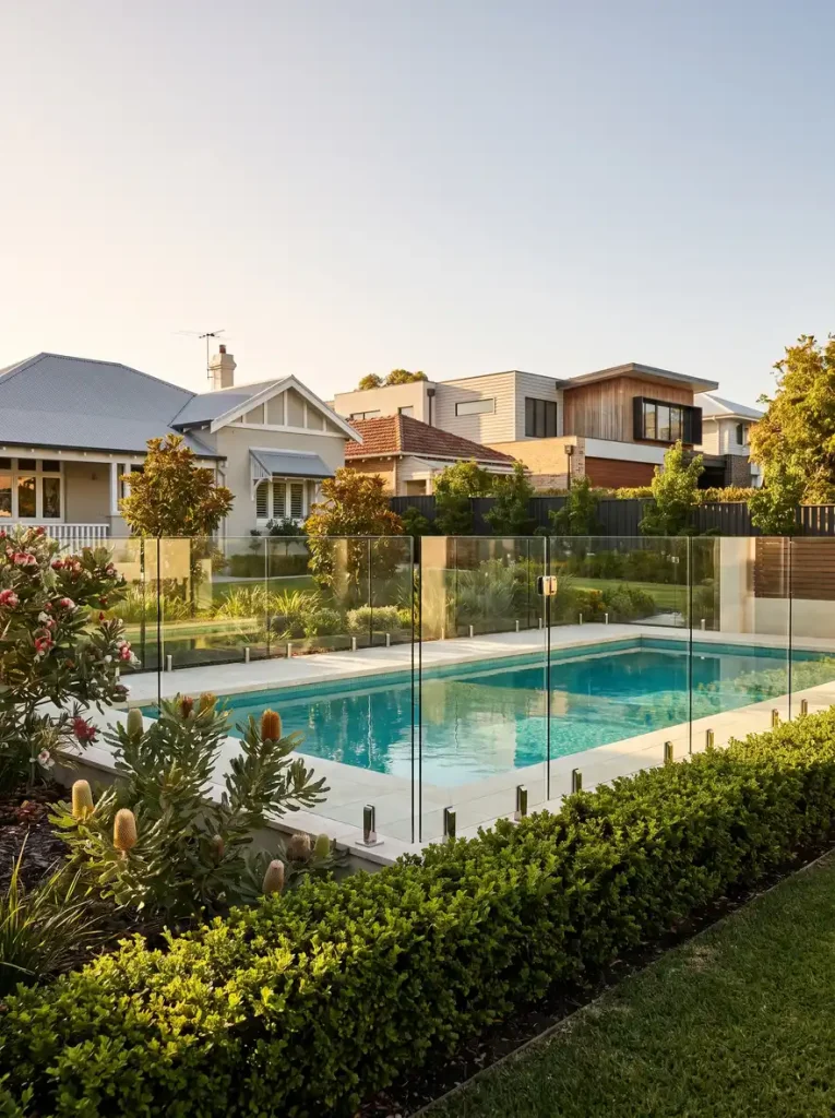 Compliant frameless glass pool fence inspection in Northbridge showing safety gate and gleaming poolside boundary