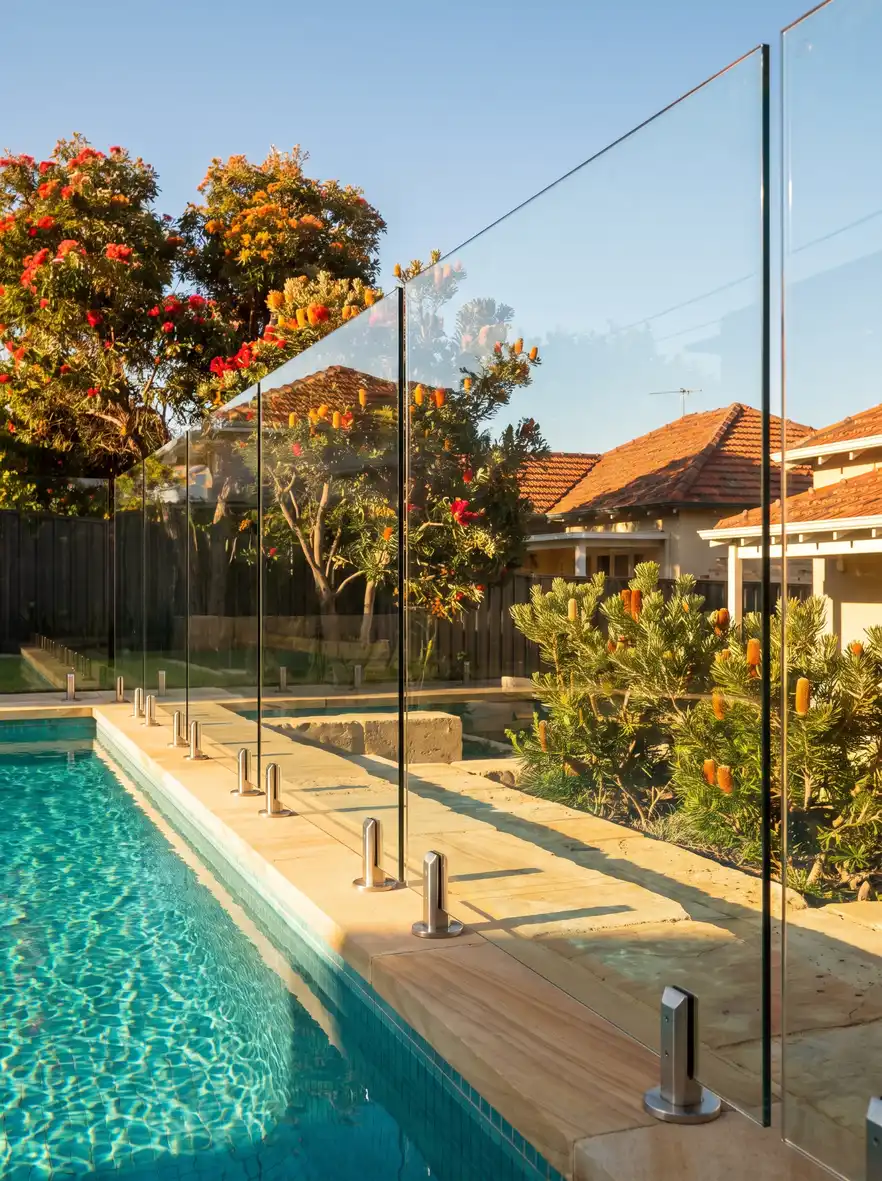 Frameless glass pool fencing around a turquoise pool in Northbridge, Perth backyard