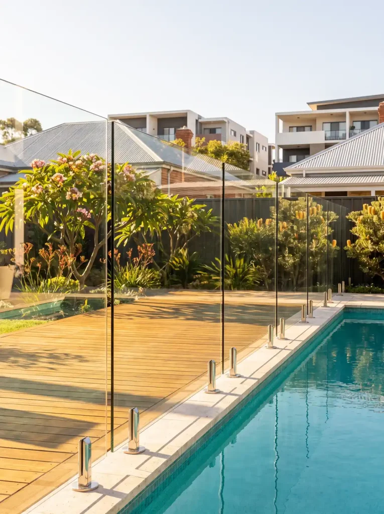 Frameless glass pool fence installation framing a backyard pool oasis in Northbridge WA