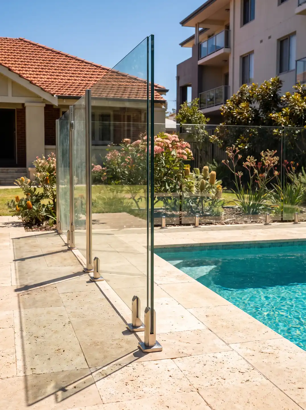 Restored frameless glass pool fence repair beside sparkling pool in Northbridge WA backyard