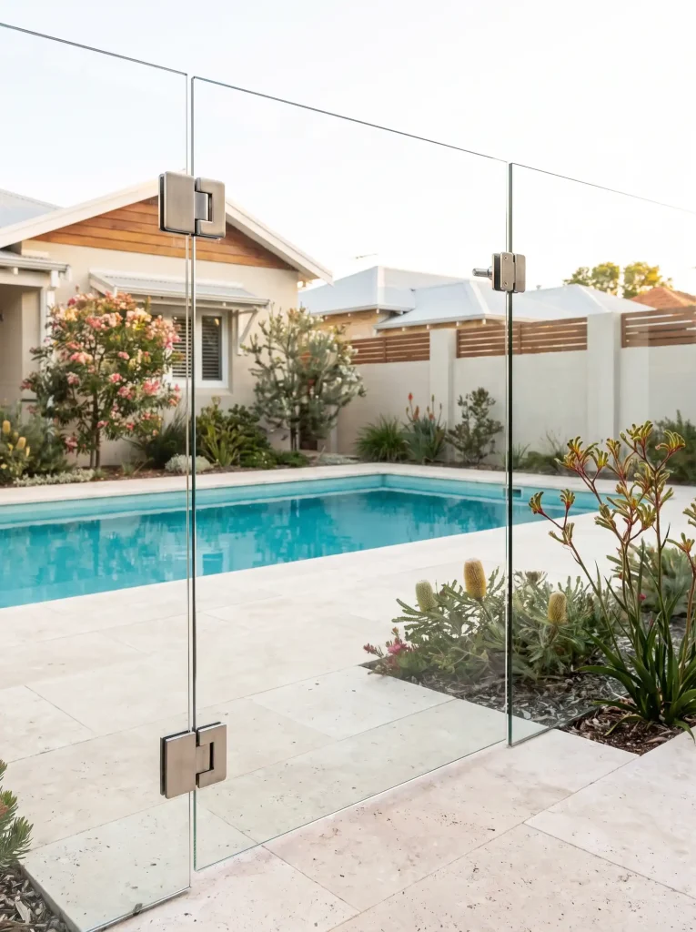 Frameless glass pool gate with stainless steel latch beside a turquoise pool in Northbridge