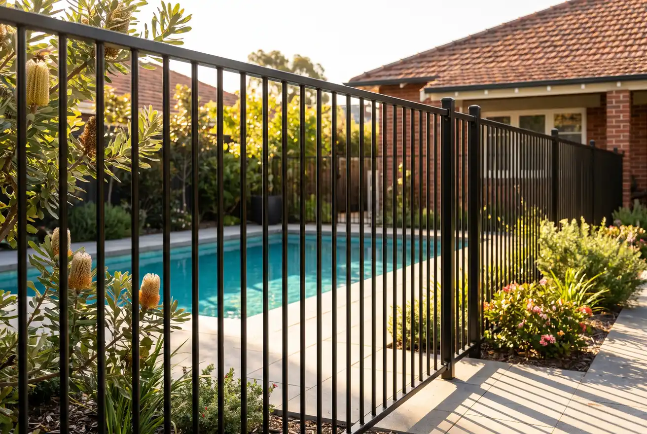 Close detail of clean matte-black aluminium pool fencing beside a sparkling pool in Northbridge, WA