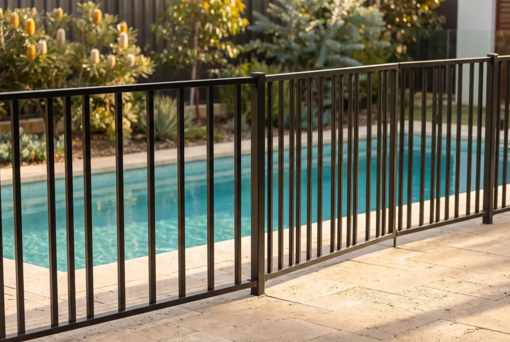 Aluminium pool fencing seam and boundary detail beside a backyard pool in Northbridge WA