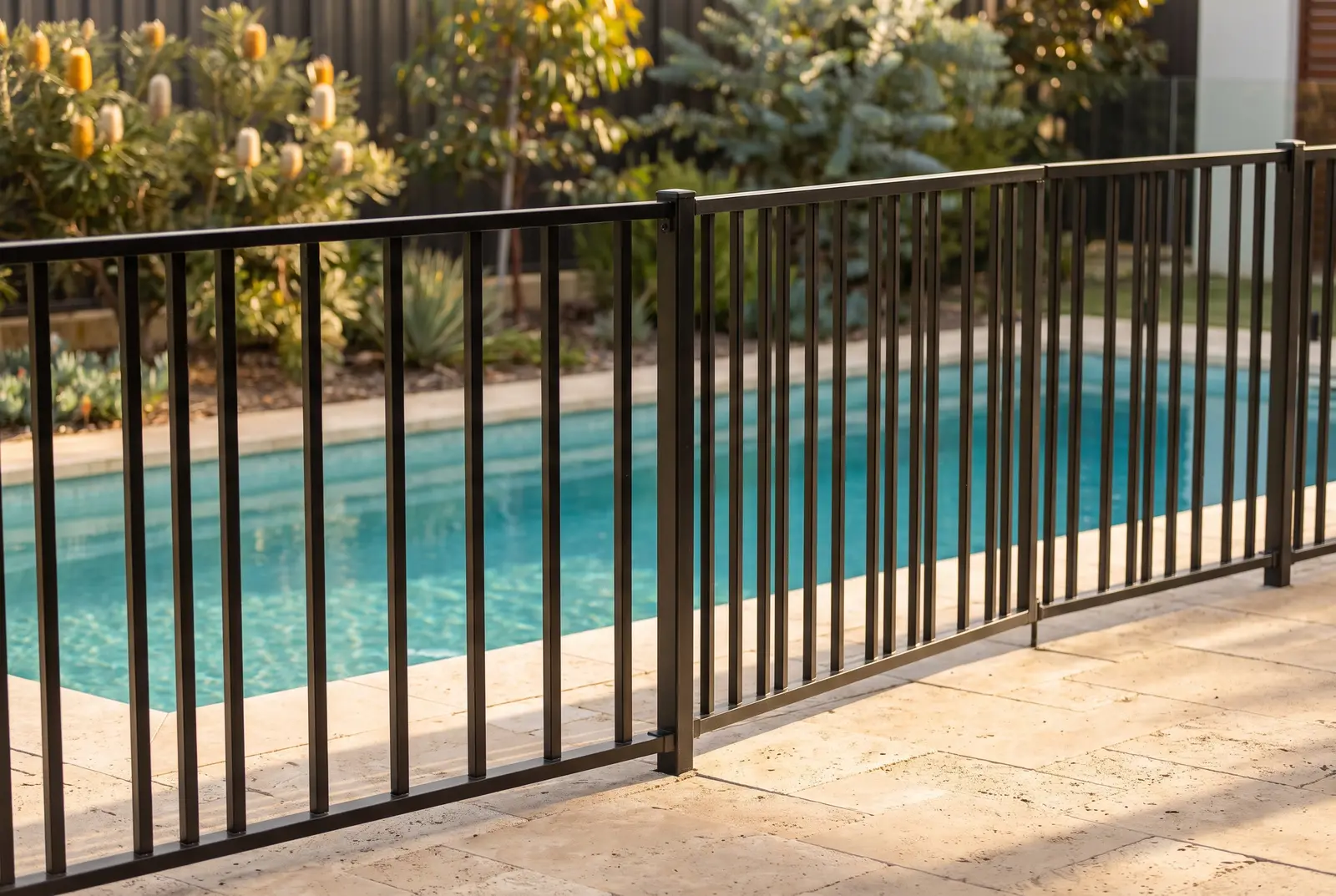 Aluminium pool fencing seam and boundary detail beside a backyard pool in Northbridge WA
