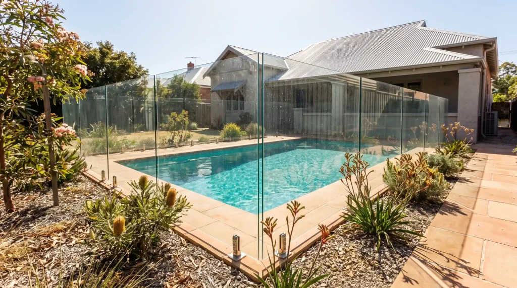 Frameless glass pool fence enduring the harsh sunlight around a backyard pool in Northbridge WA