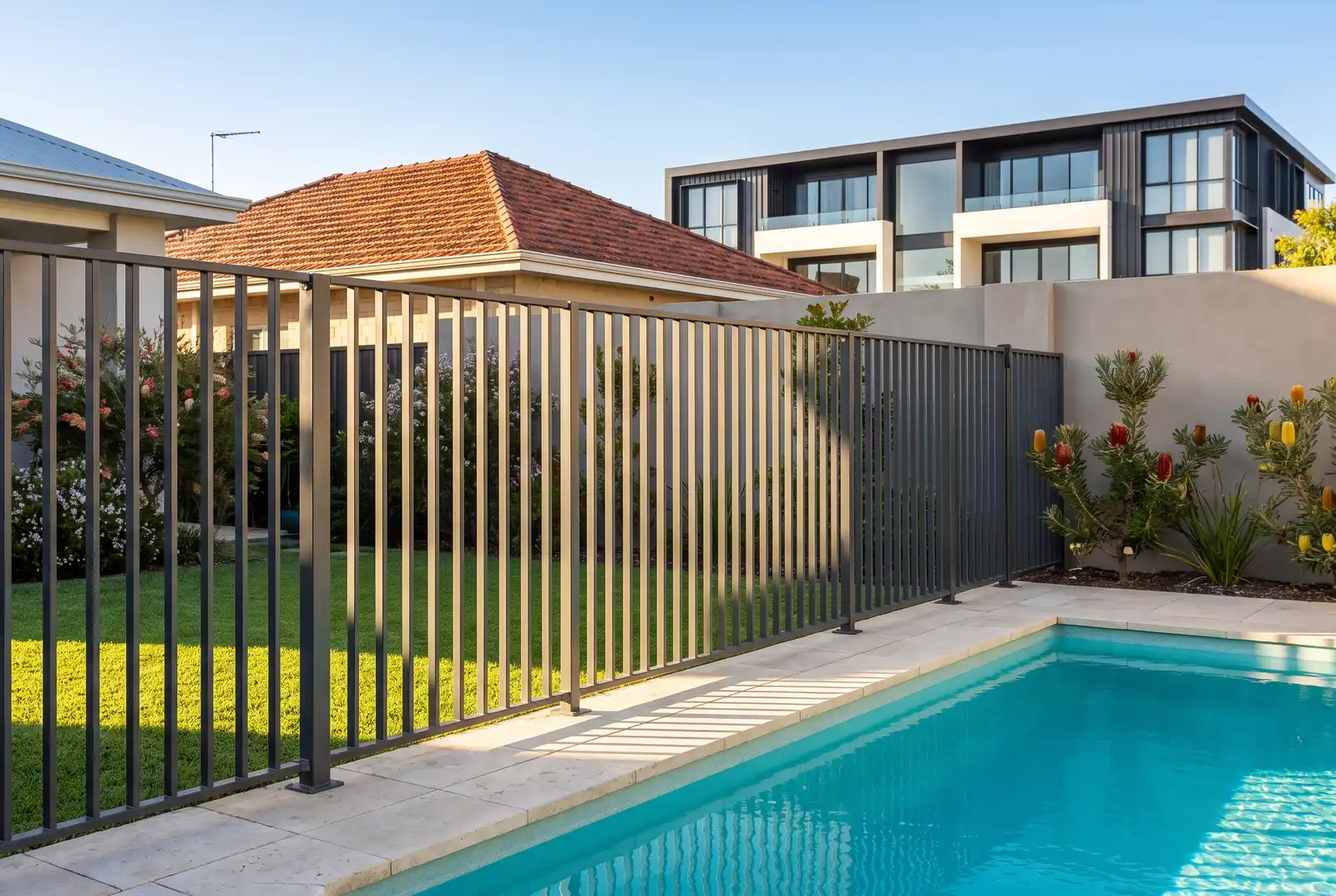 Charcoal aluminium pool fencing beside a sparkling backyard pool in Northbridge WA