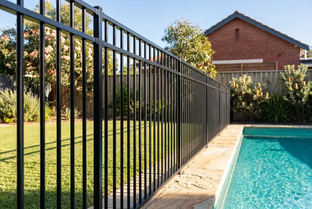 Matte-black aluminium pool fencing detail beside a turquoise pool in Northbridge WA