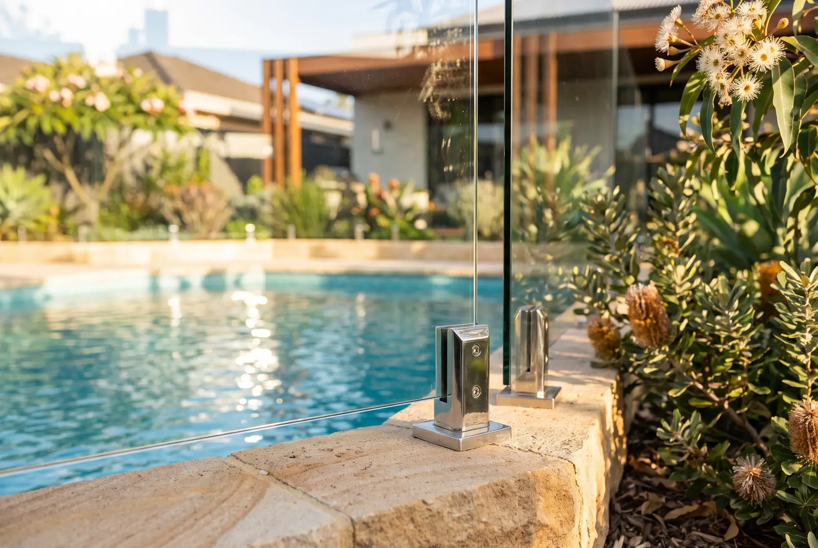 Compliance-inspected frameless glass pool fence edge and spigot detail on sandstone coping in Northbridge