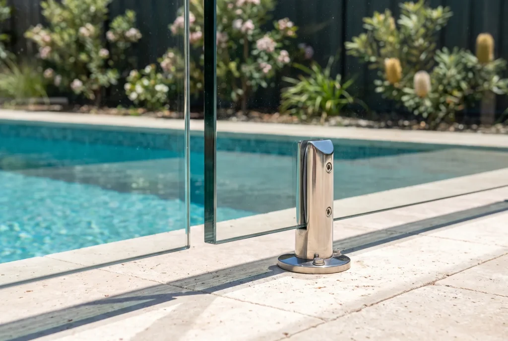 Frameless glass pool fence detail showing compliant spigot mounting and gap spacing in Northbridge