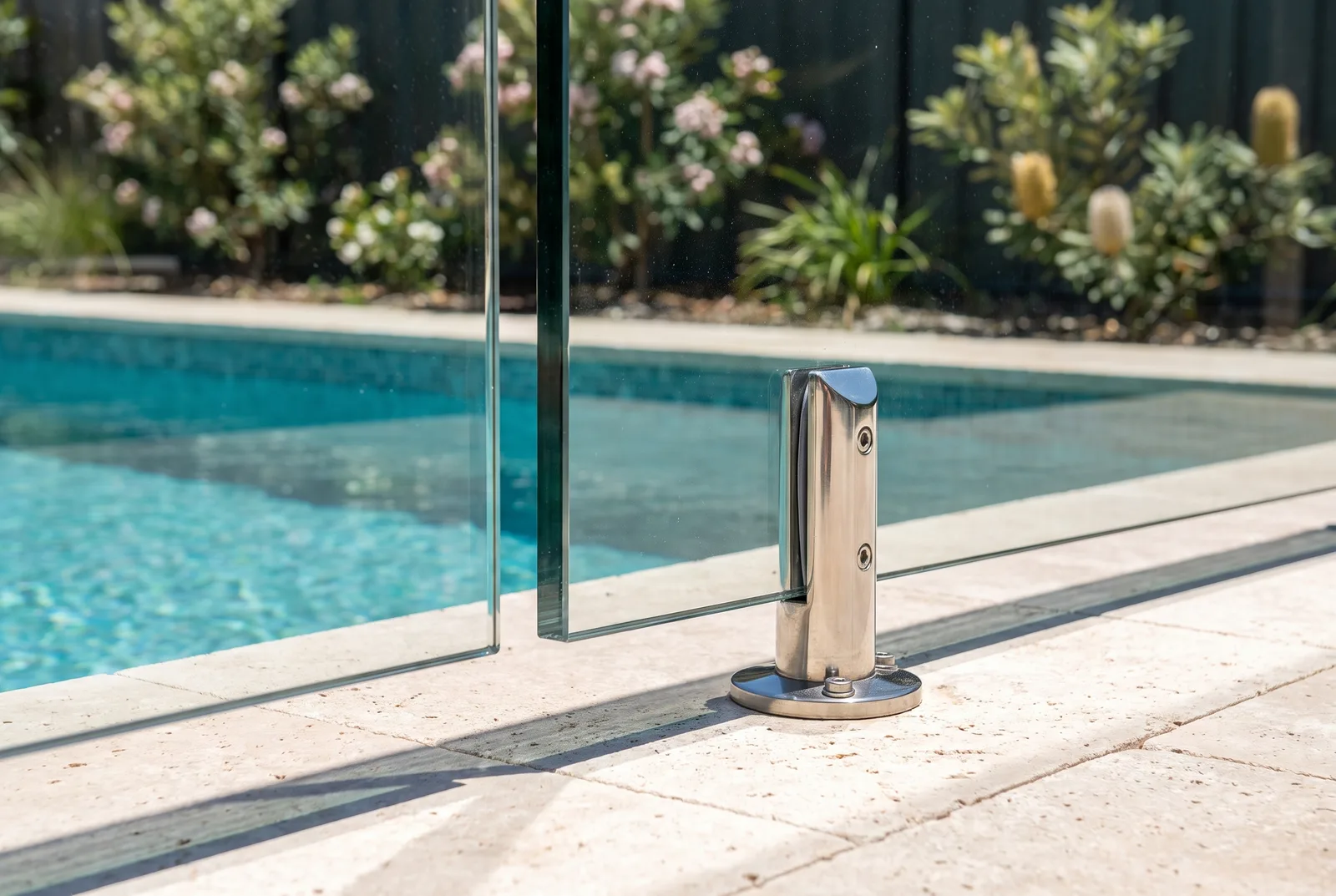 Frameless glass pool fence detail showing compliant spigot mounting and gap spacing in Northbridge