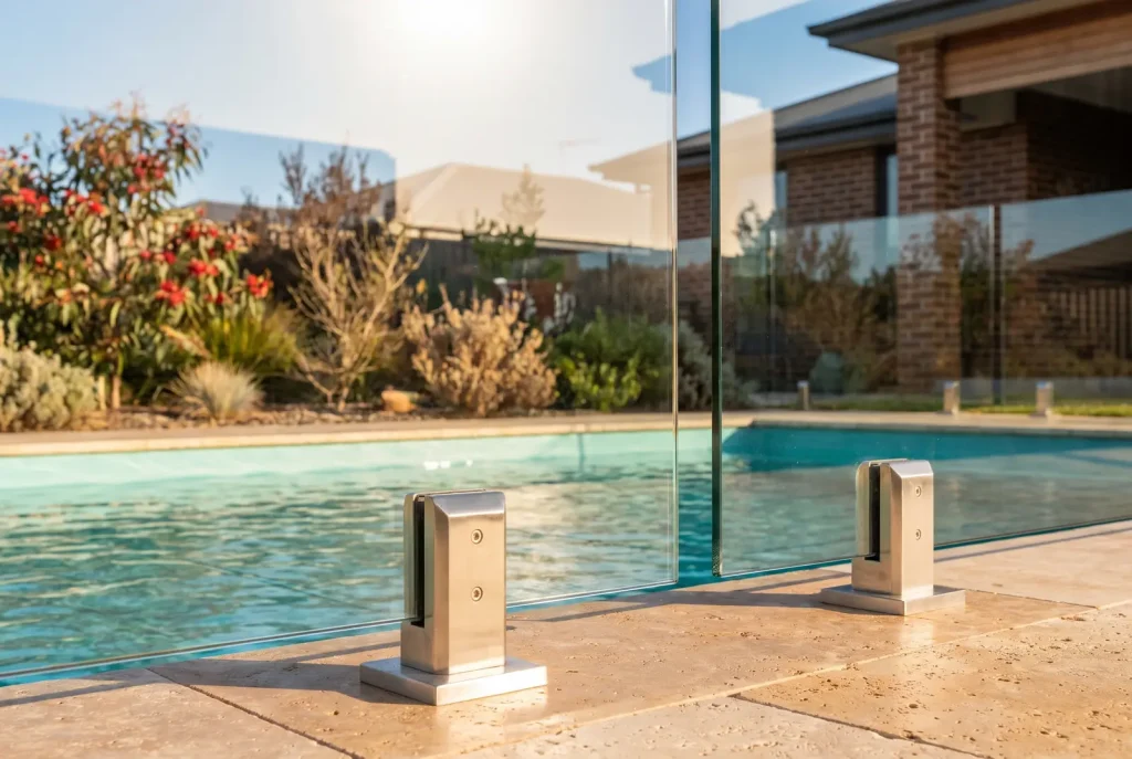 Frameless glass pool fencing with spotless polished panels beside a pool in Northbridge