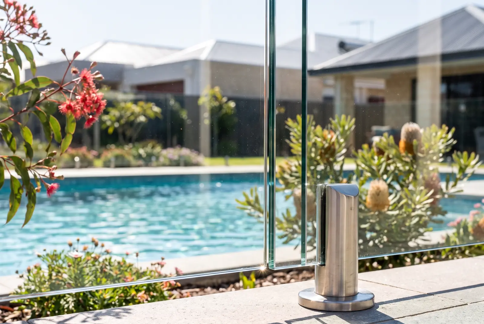 Frameless glass pool fencing seam and spigot detail beside a backyard pool in Northbridge WA
